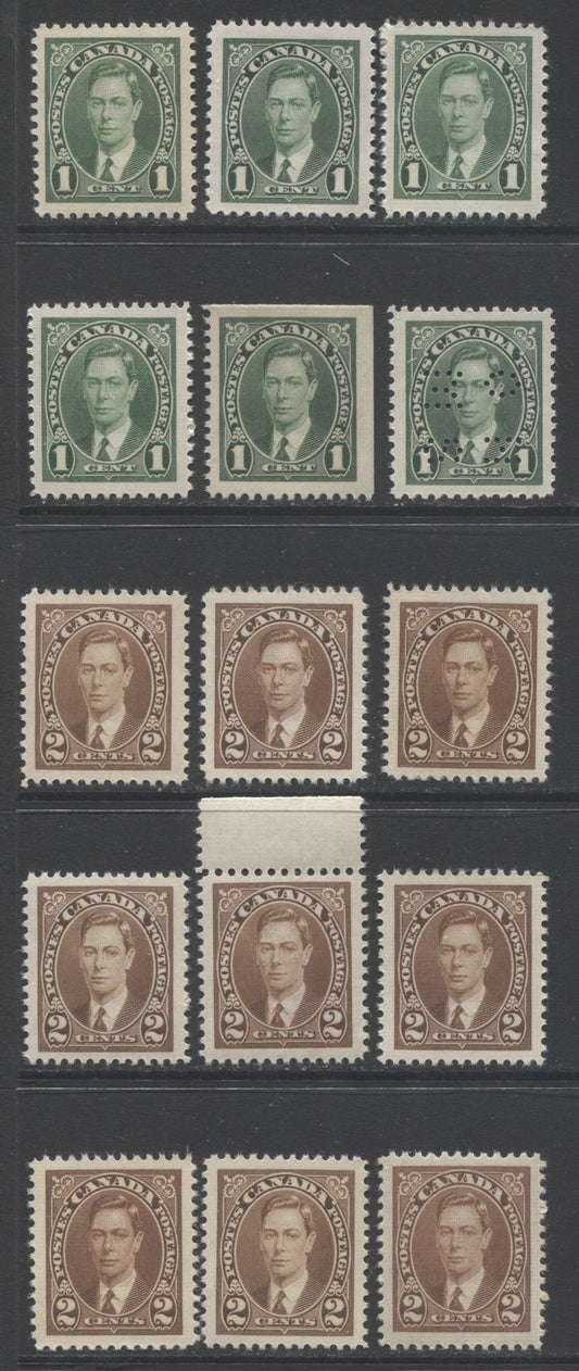 Lot 58 Canada #231-232,O231 1c & 2c Green & Brown King George VI, 1937-1942 Mufti Issue, 15 VFNH Sheet & Booklet Singles, Different Papers & Gums