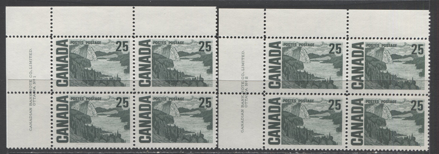 Lot 59 Canada #465 25c Slate Green Solemn Land, 1967-1973 Centennial Issue, 2 VFNH UL Plates 1-2 Blocks Of 4 On Dull Fluorescent Papers