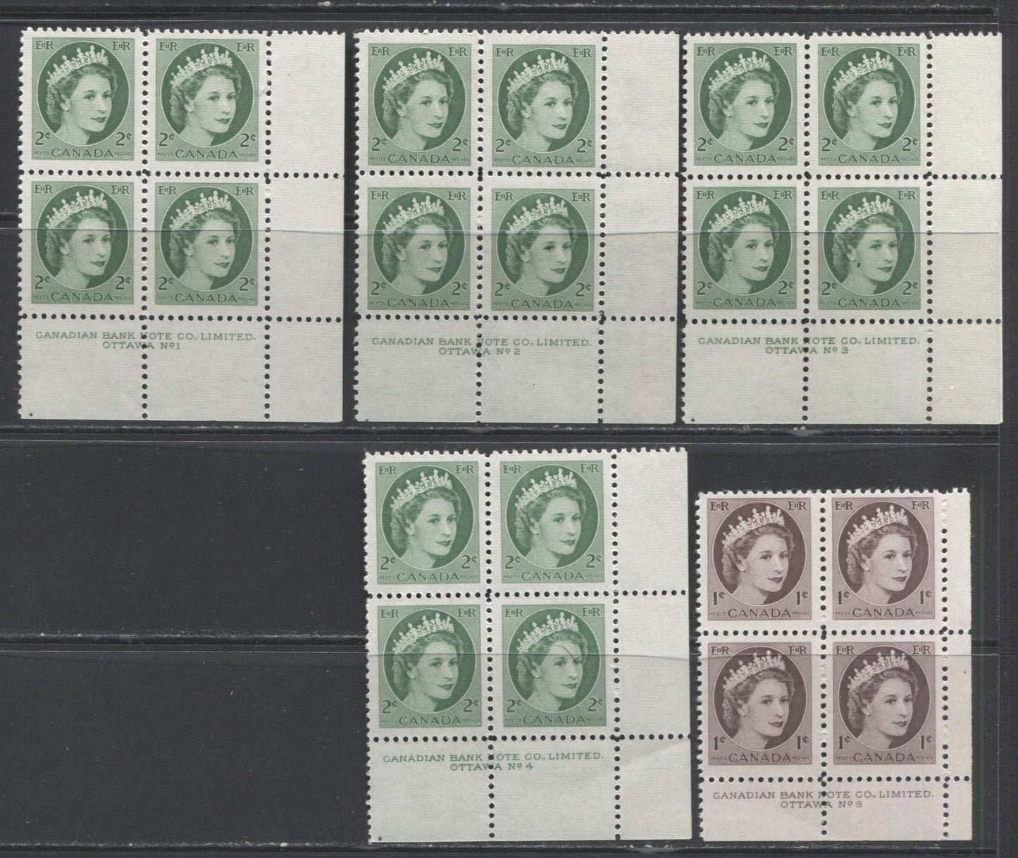 Lot 59 Canada #337-338 1c & 2c Violet Brown & Green Queen Elizabeth II, 1954 Wilding Issue, 5 Fine NH and VFNH LR Plates 1-4 & 8n Blocks Of 4