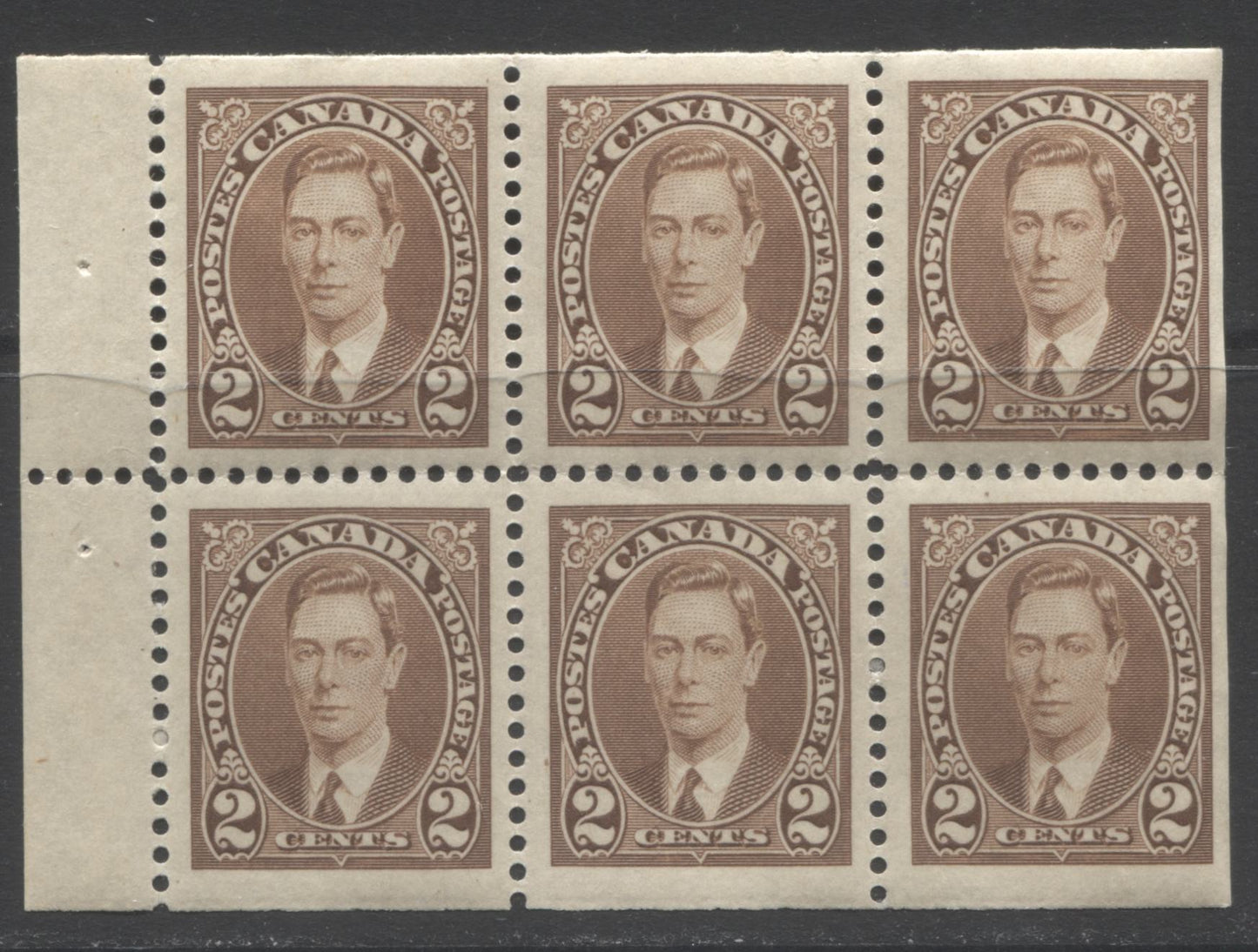 Lot 60 Canada #232b 2c Brown King George VI, 1937-1942 Mufti Issue, A VFLH Booklet Pane Of 6 On Vertical Wove Paper With Crackly Gum