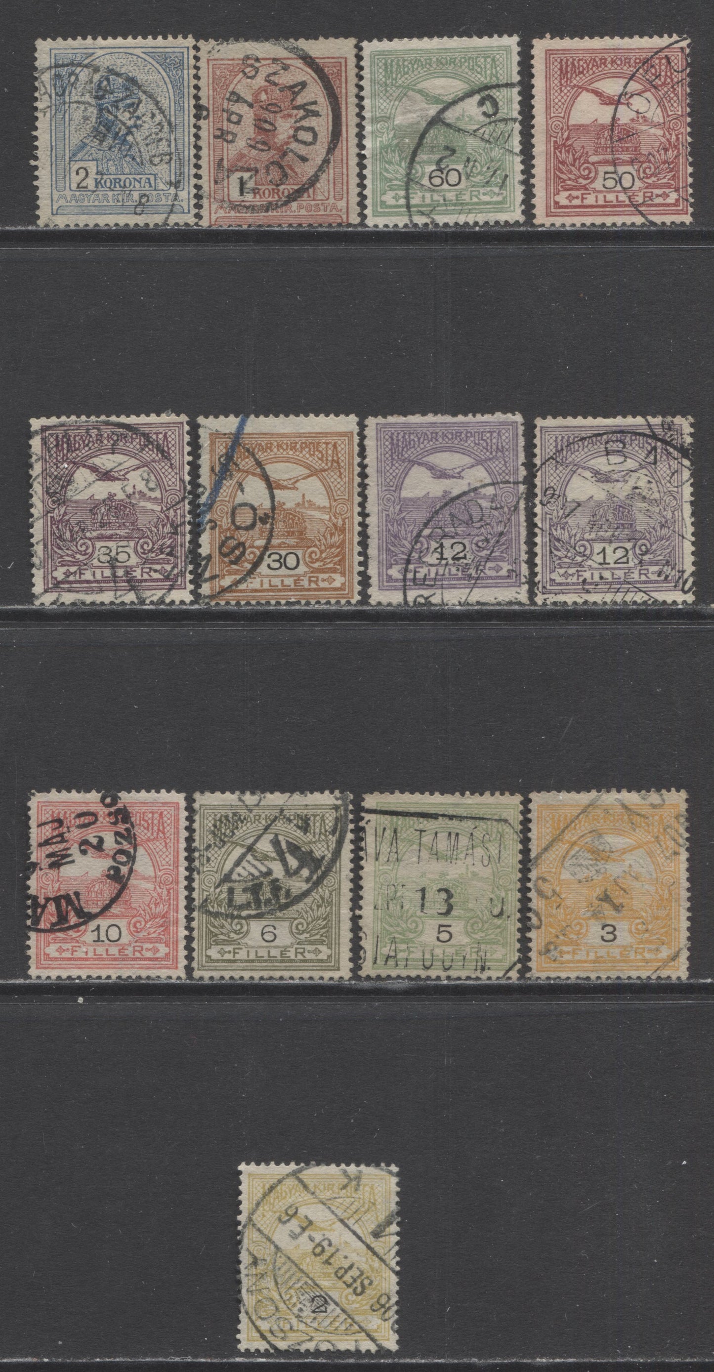 Lot 60 Hungary SC#68b-82b 1908-1903 Turul & Crown Of St. Stephen Issue With Oblique Crown Watermark, A F/VF Used Range Of Singles, 2017 Scott Cat. $12.45 USD, Click on Listing to See ALL Pictures