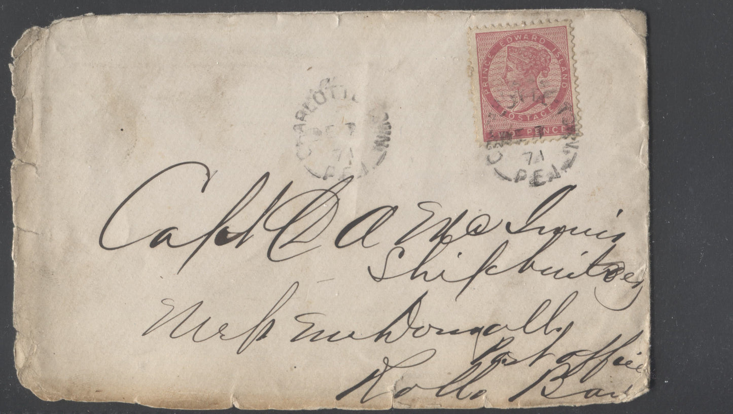 Lot 6 Prince Edward Island #5 2d Deep Rose Perf. 11.75 Die 1 Single Usage on December 7, 1871 Cover to Captain McInnis, Shipbuilder at Rollo Bay, PEI