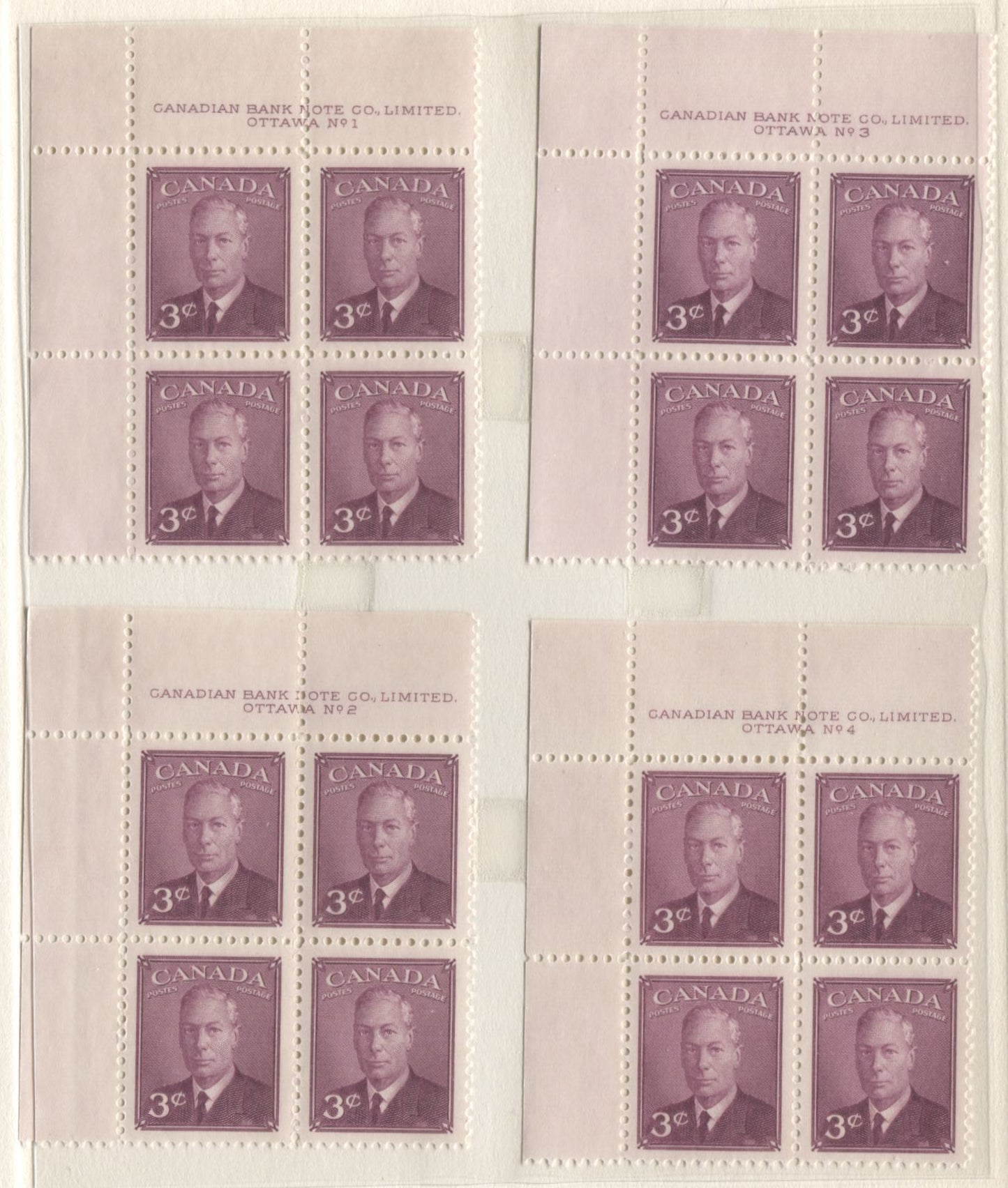 Lot 6 Canada #286 3c Rose Violet King George VI, 1949 Postes-Postage Issue, 8 VFNH UL Plates 1-4, 10-11 & 13-14 Blocks Of 4