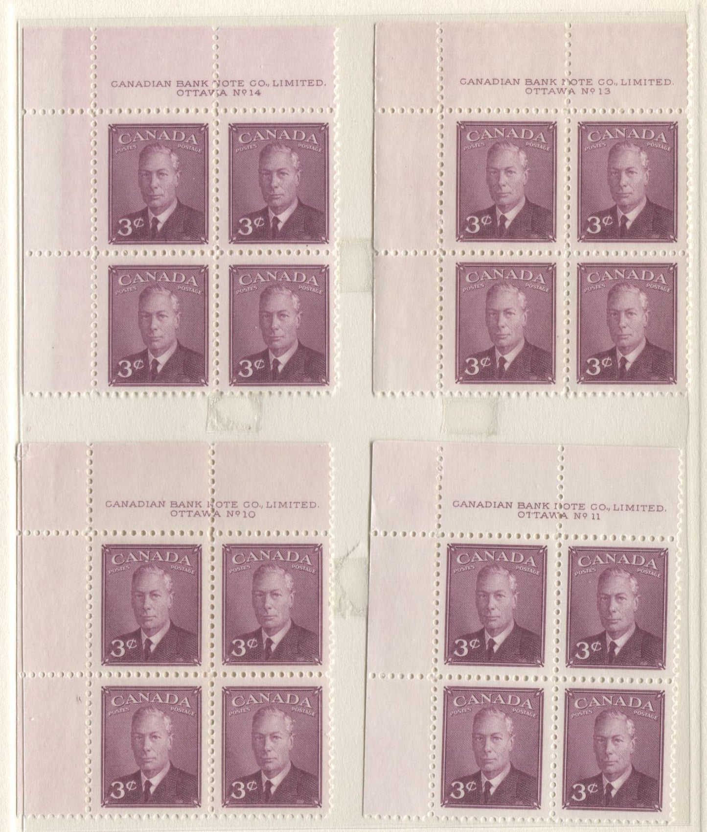 Lot 6 Canada #286 3c Rose Violet King George VI, 1949 Postes-Postage Issue, 8 VFNH UL Plates 1-4, 10-11 & 13-14 Blocks Of 4