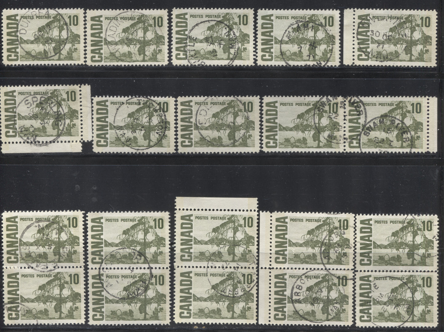 Lot 61 Canada #462p 10c Olive Green Jack Pine, 1967-1973 Centennial Definitive Issue, 15 Very Fine Used Tagged Singles And Vertical Pairs On DF Papers Different Cancelations, Mostly CDS
