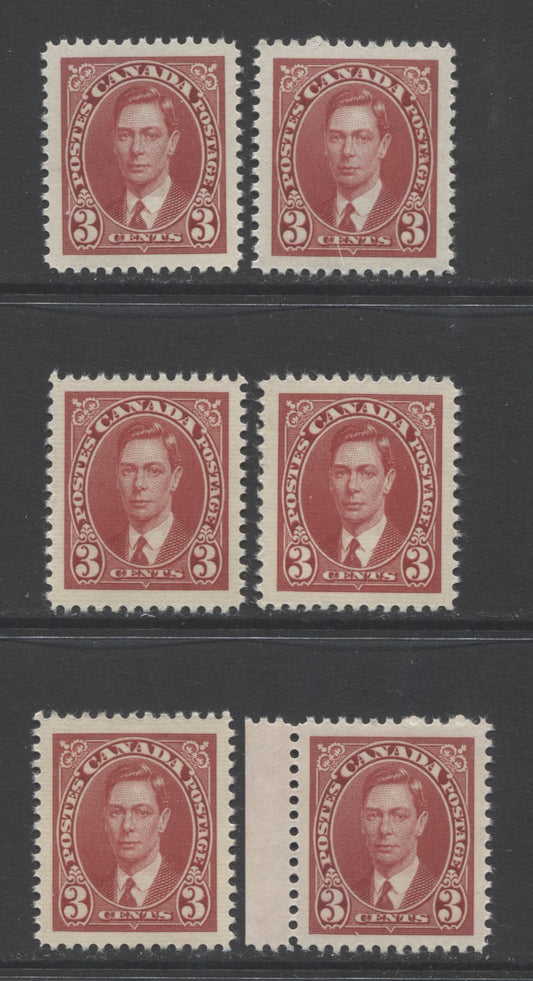 Lot 61 Canada #233 3c Carmine King George VI, 1937-1942 Mufti Issue, 6 VFNH Singles With Different Shades & Gums