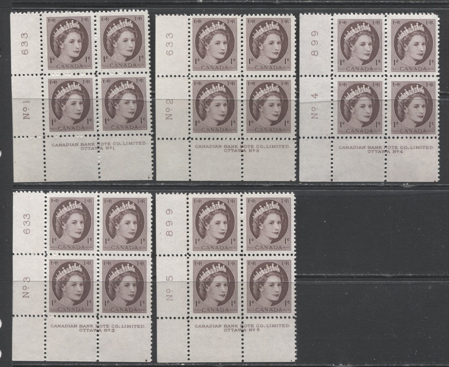 Lot 61 Canada #335-337 1c - 5c Violet Brown - Ultramarine Queen Elizabeth II - Beaver, 1954 Wildlife & Wilding Issues, 9 VFNH LL Plates 1-5 Blocks Of 4