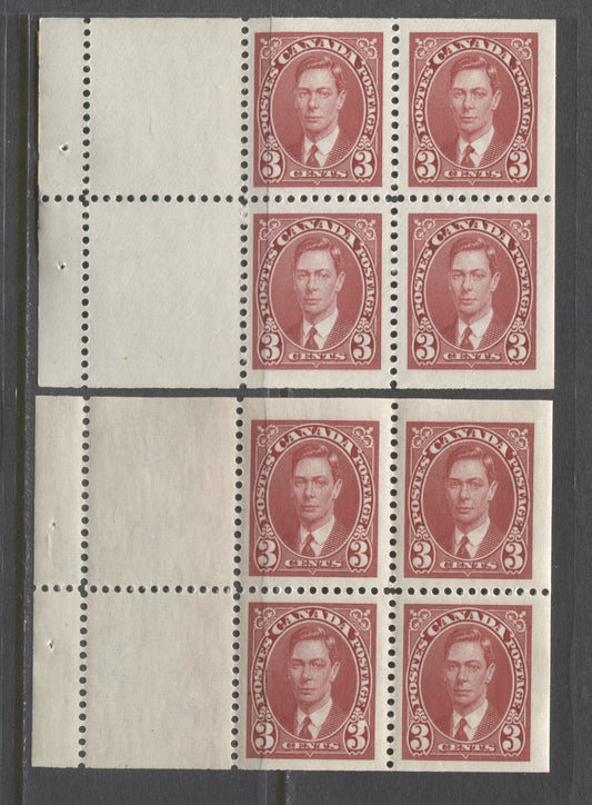 Lot 62 Canada #233a 3c Carmine King George VI, 1937-1942 Mufti Issue, 2 VFNH Booklet Panes Of 6 On Horizontal Ribbed & Vertical Wove Papers With Cream Gum