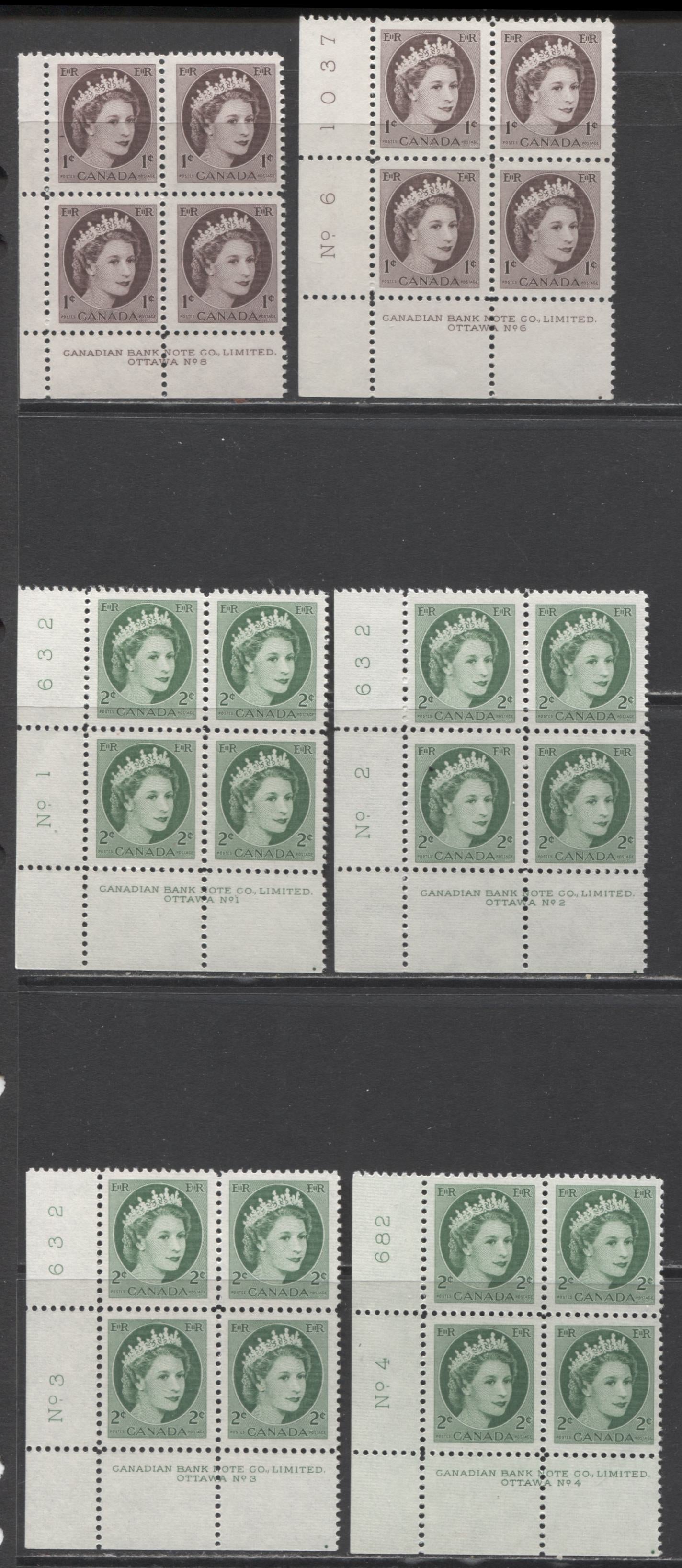 Lot 62 Canada #337-338 1c & 2c Violet Brown & Green Queen Elizabeth II, 1954 Wilding Issue, 6 Fine NH and VFNH LL Plates 1-4, 6 & 8 Blocks Of 4