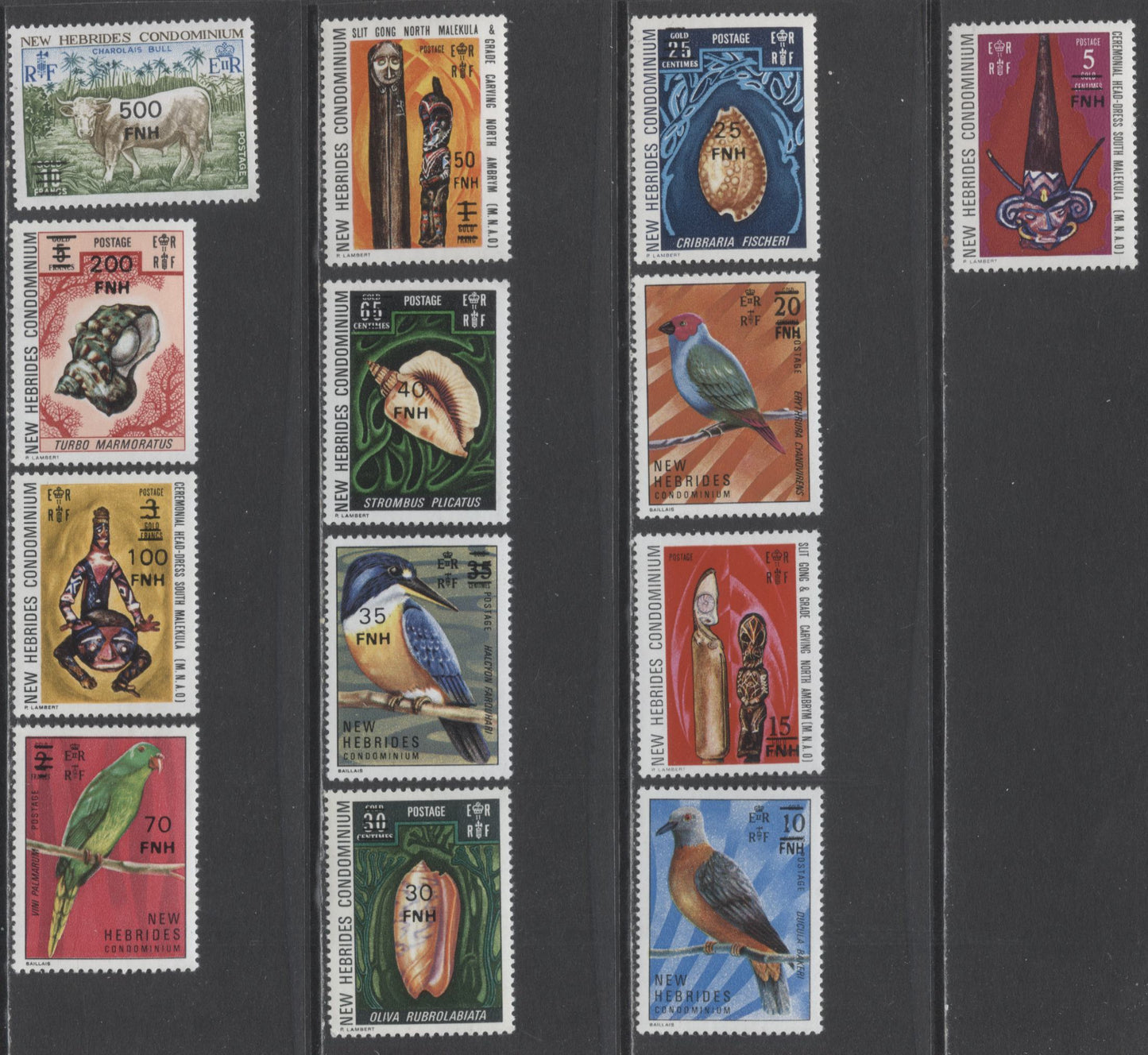 Lot 63 New Hebrides SC#217-229 1977 Surcharged Definitives, A VFNH Range Of Singles, 2017 Scott Cat. $39.95 USD, Click on Listing to See ALL Pictures