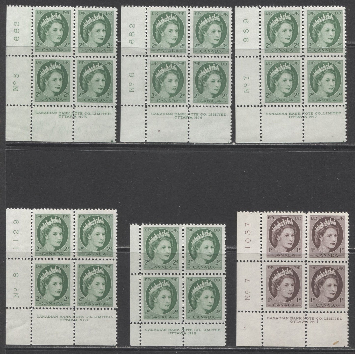 Lot 63 Canada #337-338 1c & 2c Violet Brown & Green Queen Elizabeth II, 1954 Wilding Issue, 6 Fine NH and VFNH LL Plates 5-7 & 9 Blocks Of 4