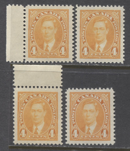 Lot 63 Canada #234 4c Yellow King George VI, 1937-1942 Mufti Issue, 4 VFNH Singles With Different Shades & Gums