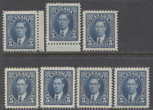 Lot 64 Canada #235 5c Blue King George VI, 1937-1942 Mufti Issue, 7 VFNH Singles With Different Shades, Papers & Gums