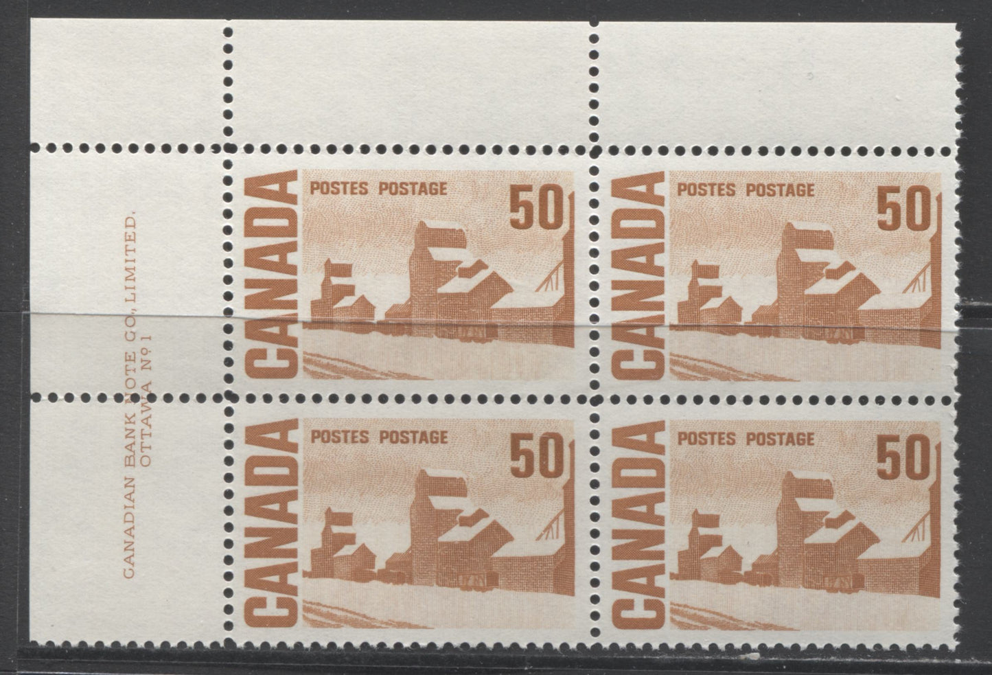 Lot 64 Canada #465A 50c Brown Orange Summer's Stores, 1967-1973 Centennial Issue, A VFNH UL Plate 1 Block Of 4 On Dull Fluorescent Paper
