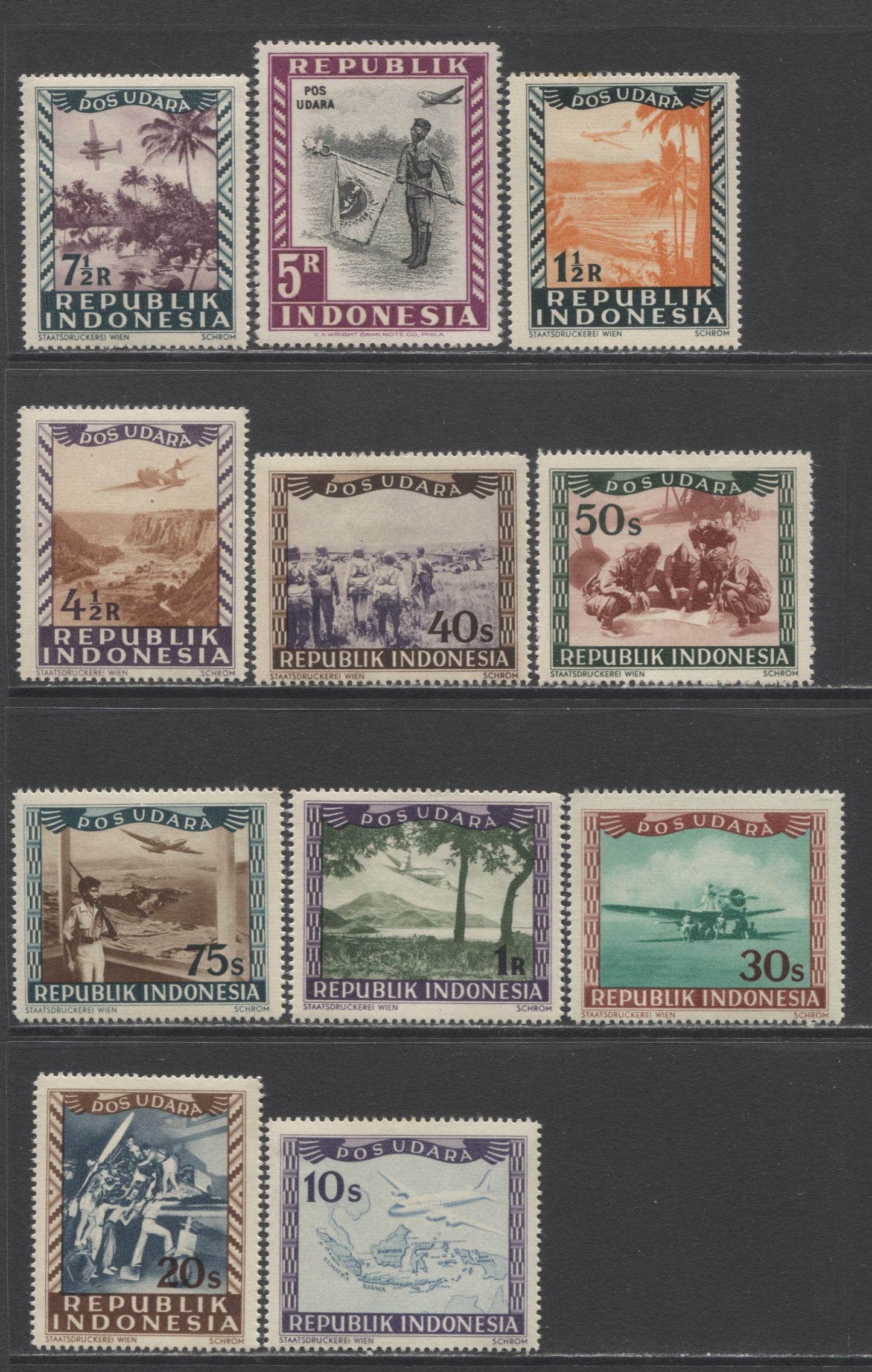 Lot 65 Indonesia SC#C19-C29 1949 Airmails, A VFOG/NH Range Of Singles, 2017 Scott Cat. $24.2 USD, Click on Listing to See ALL Pictures