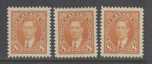 Lot 65 Canada #236 8c Orange King George VI, 1937-1942 Mufti Issue, 3 VFNH Singles With Different Shades, Papers & Gums
