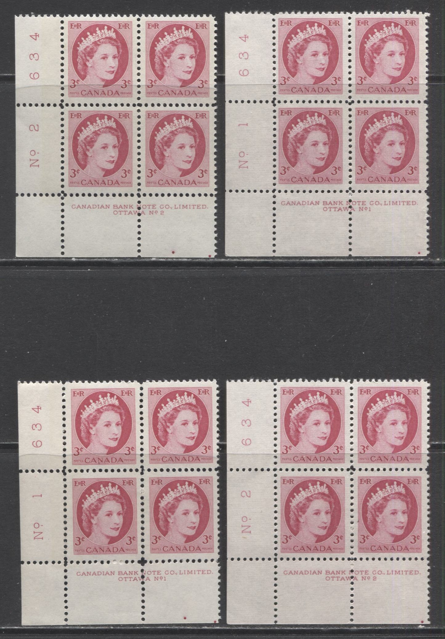 Lot 65 Canada #339 & 339p 3c Carmine Rose Queen Elizabeth II, 1954 Wilding Issue, 4 Fine NH and VFNH  LL Tagged & Untagged Plates 1-2 Blocks Of 4