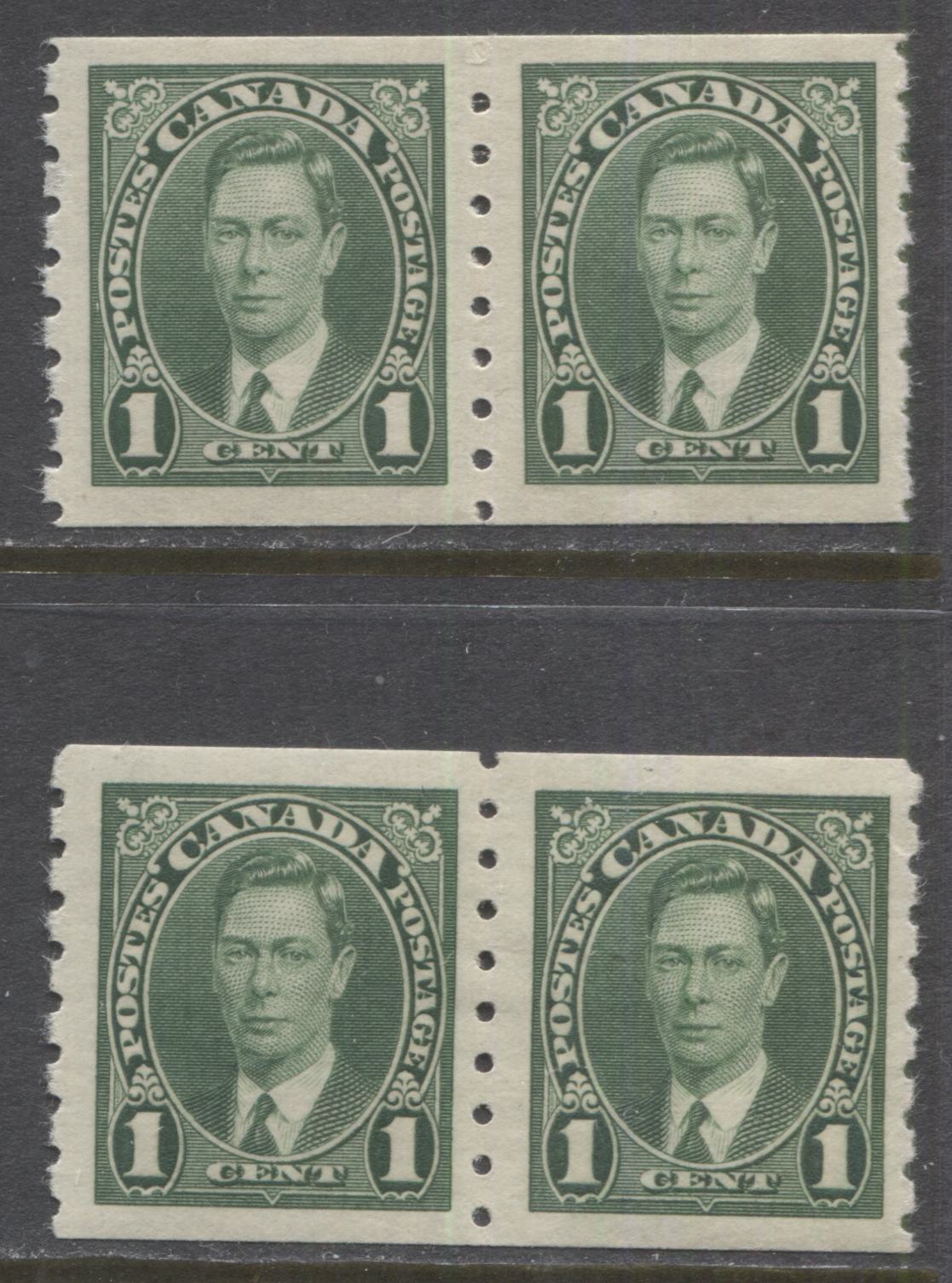 Lot 66 Canada #238 1c Green King George VI, 1937-1942 Mufti Coil Issue, 2 VFLH Coil Pairs On Horizontal Wove Paper With Shiny Cream & Streaky Brownish Cream Gum