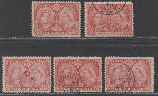 Lot 66 Canada #53, 53i 3c Bright Rose and Rose Queen Victoria, 1897 Diamond Jubilee Issue, Five Fine and VF Used Examples