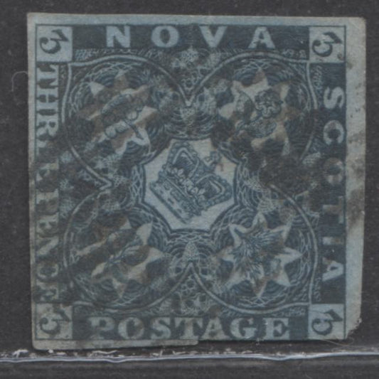 Lot 66 Nova Scotia #3 3d Dark Blue Heraldry, 1851-1857 Pence Issue, A Fair Used Single With A Small Thin