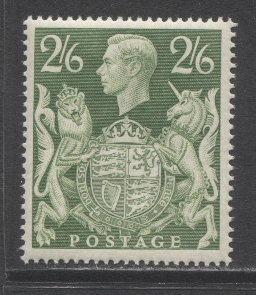 Lot 66 Great Britain SC#249A 2/6d Yellow Green 1939-1942 KGVI Arms Issue, A VFNH Example, Click on Listing to See ALL Pictures