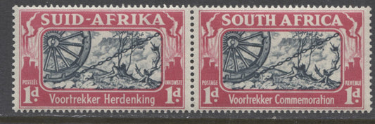 Lot 67 South Africa SG#80var, 1938 Voortrekker Commemoration Issue, A VFNH Pair With Variation Of Three Bolt On Wheel Variety, Perf 15 x 14, Mult Springbok's Head Watermark, SG. Cat. 60 GBP = $103.20
