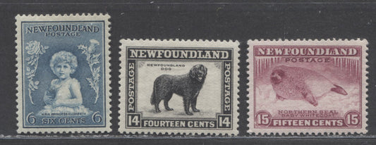 Lot 67 Newfoundland #192, 194, 195 6c, 14c & 15c Dull Blue, Intense Black & Magenta Princess Elizabeth, Newfoundland Dog & Harp Seal Pup, 1932-1937 Resources Issue, 3 VFOG Singles