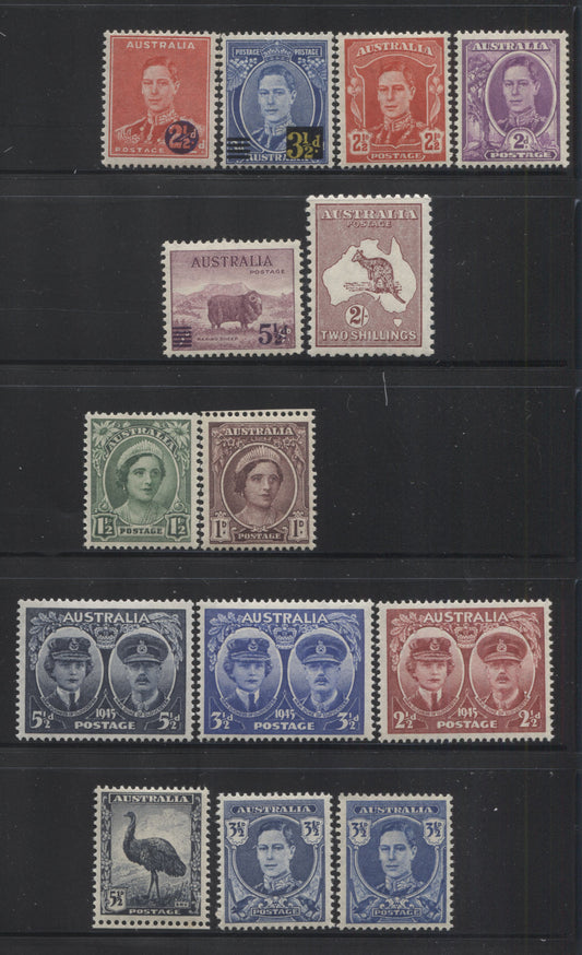 Lot 67 Australia SG#200-212 1941-1945 Definitives, Surcharges and Duke & Duchess of Glouchester Issue, Complete Fine NH and VFNH Mint Sets, Including Shades of the 3.5d, SG Cat. 28.20 GBP = $47.94