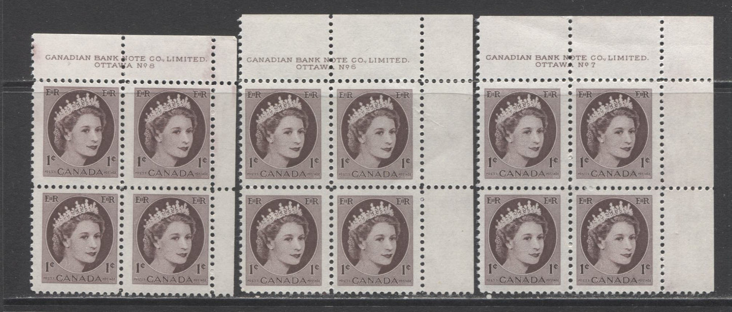 Lot 67 Canada #337 1c Violet Brown Queen Elizabeth II, 1954 Wilding Issue, 3 Fine NH and VFNH UR Plates 6-8 Blocks Of 4