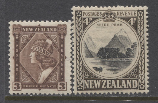 Lot 68 New Zealand SG#582, 583d 1936-42 Pictorial Issue, A Partial VFNH Set With The 3d & 4d Values. Mult NZ & Star WMK. P. 14 x 13.5 & 14 x 14.3 Line. SG. Cat. 36 GBP = $61.92