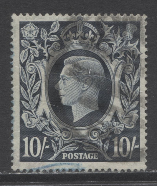 Lot 68 Great Britain SC#250 10/- Blue 1939-1942 KGVI Arms Issue, A Fine Used Example, Click on Listing to See ALL Pictures