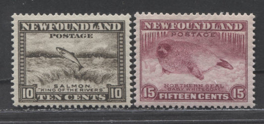 Lot 68 Newfoundland #193. 195 10c & 15c Olive Black & Magenta Salmon Leaping & Harp Seal Pup, 1932-1937 Resources Issue, 2 VFNH Singles