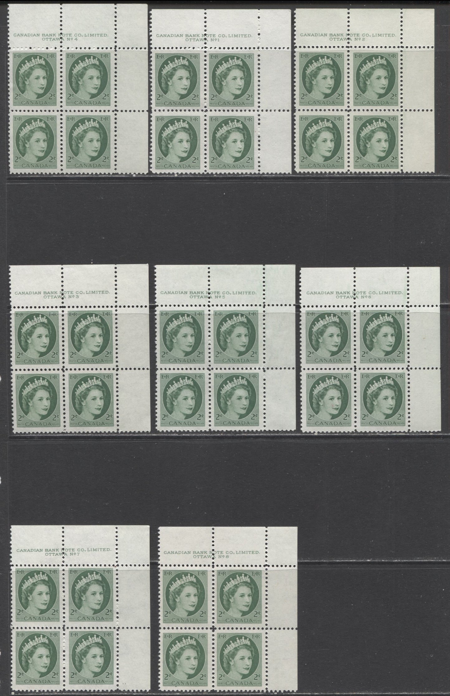 Lot 68 Canada #338 2c Green Queen Elizabeth II, 1954 Wilding Issue, 8 VFNH UR Tagged & Untagged Plates 1-8 Blocks Of 4