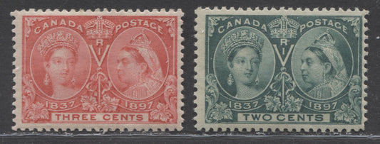 Lot 68 Canada #52i, 53 2c and 3c Deep Green and Bright Rose Queen Victoria, 1897 Diamond Jubilee Issue, Two Fine OG & VFOG Examples