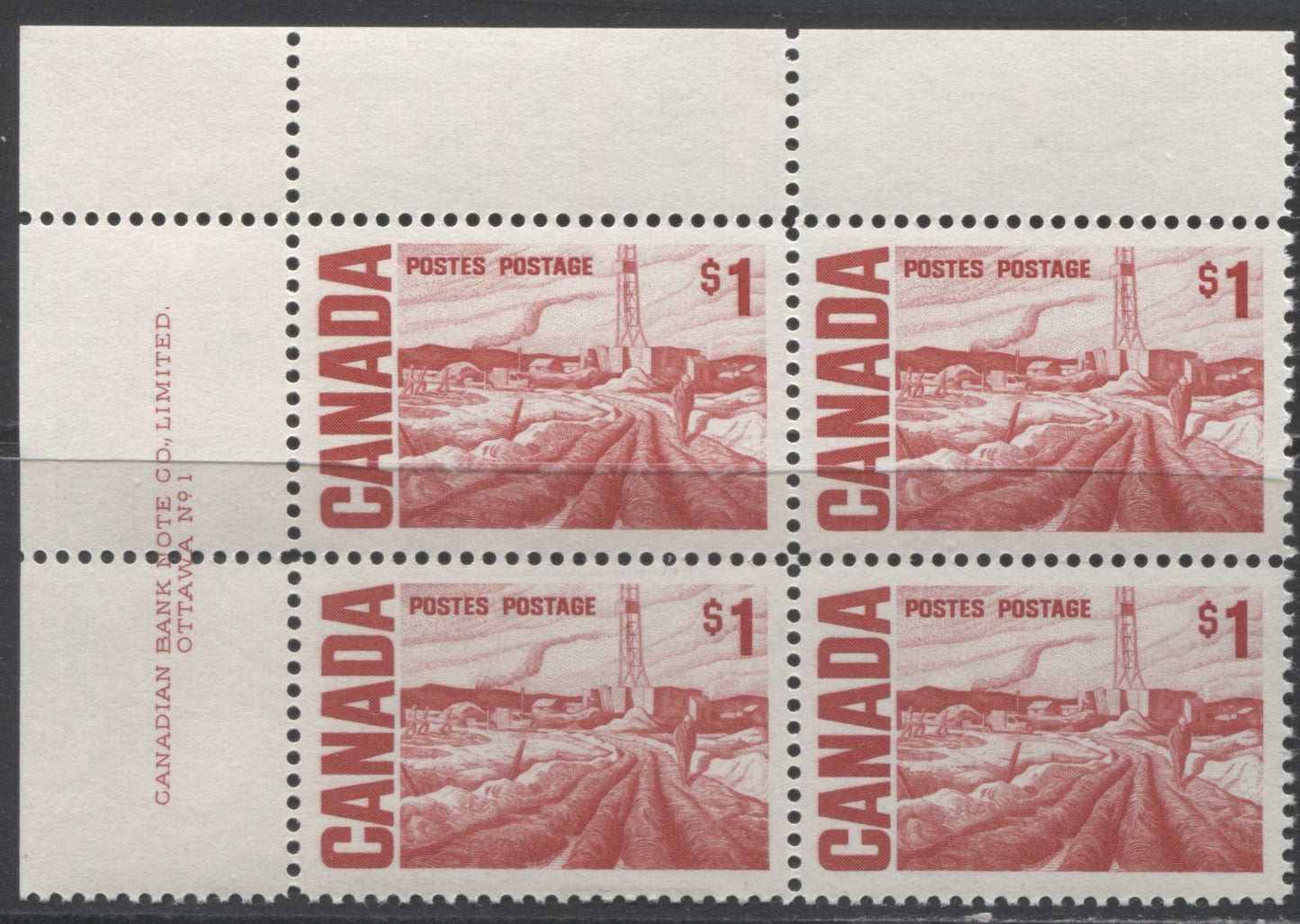 Lot 68 Canada #465B $1 Carmine Rose Edmonton Oil Field, 1967-1973 Centennial Issue, A VFNH UL Plate 1 Block Of 4 On Dull Fluorescent Paper