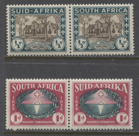Lot 69 South Africa SG#82-83, 1939 250th Anniversary Of Huguenot Landing Issue, VFNH Pairs of the 1/2d and 1d, Perf 14, Mult Springbok's Head Watermark, SG. Cat. 24 GBP = $41.28