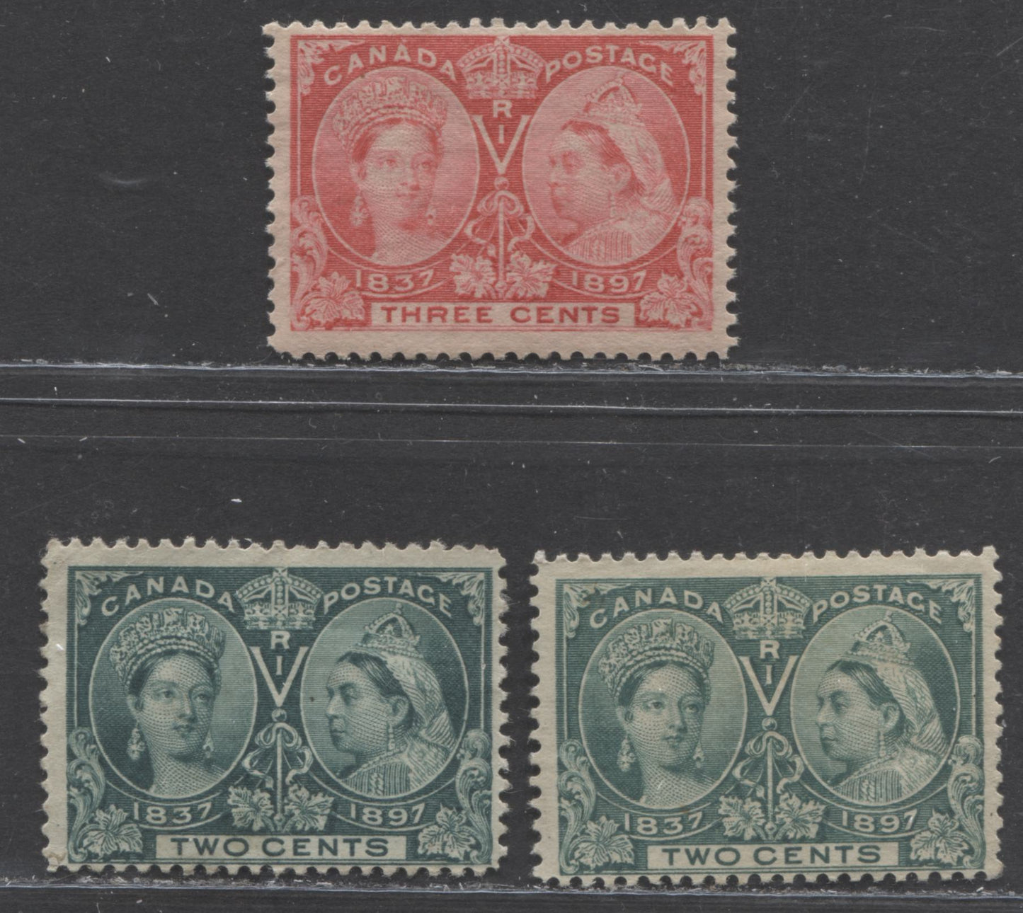 Lot 69 Canada #52, 52i, 53 2c and 3c Green, Deep Green and Bright Rose Queen Victoria, 1897 Diamond Jubilee Issue, Three Fine and VF Unused Examples
