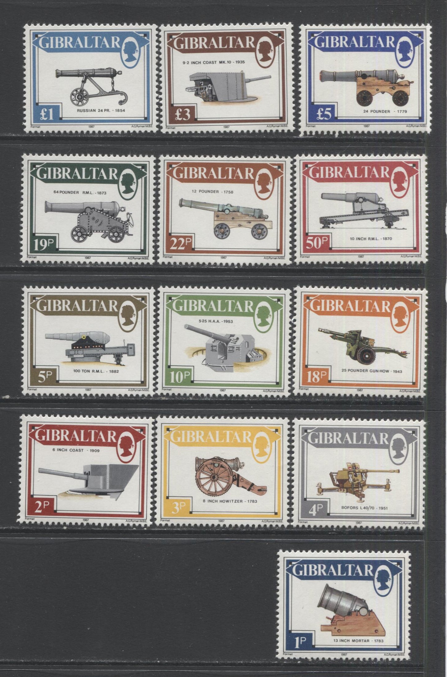 Lot 69 Gibraltar SC#508-520 1987 Guns & Artillery Definitive Issue, A VFNH Range Of Singles, 2017 Scott Cat. $29 USD, Click on Listing to See ALL Pictures
