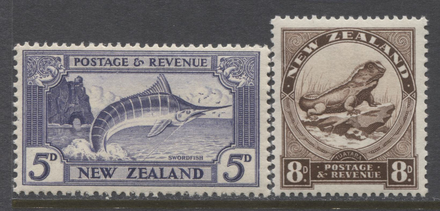 Lot 69 New Zealand SG#584, 586b 1936-42 Pictorial Issue, A Partial VFNH Set With The 5d & 8d Values. Upright Mult NZ & Star WMK. P. 14 x 13.5. SG. Cat. 31 GBP = $53.32
