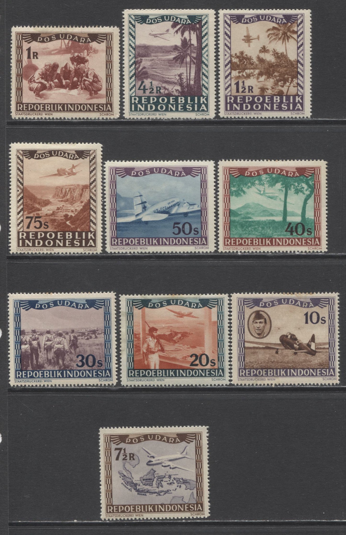 Lot 70 Indonesia SC#C1-C10 1948 Airmails, A F/VFOG Range Of Singles, 2017 Scott Cat. $17.7 USD, Click on Listing to See ALL Pictures