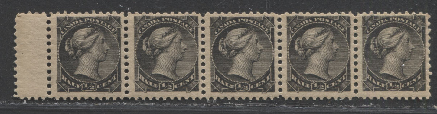 Lot 70 Canada #34 1/2c Black Queen Victoria, 1870-1897 Small Queen Issue, A FNH Gutter Strip of 5 Second Ottawa, 12.1 x 12, Newsprint Like Wove