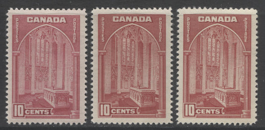 Lot 70 Canada #241-a 10c Dark Carmine & Rose Carmine Memorial Chamber, 1938 Pictorial Issue, 3 VFLH Singles, Different Shades, Papers & Gums