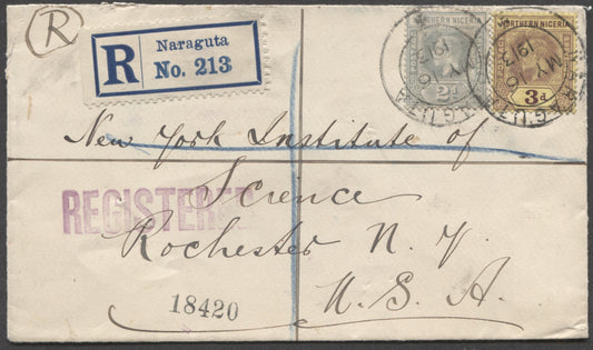 Lot 7 Northern Nigeria SC#32, 42 2d Grey & 3d Purple on Yellow, 1910-1912 King Edward VII and George V Imperium Keyplates, Combination Use on Registered Cover to USA, Estimated Value $120