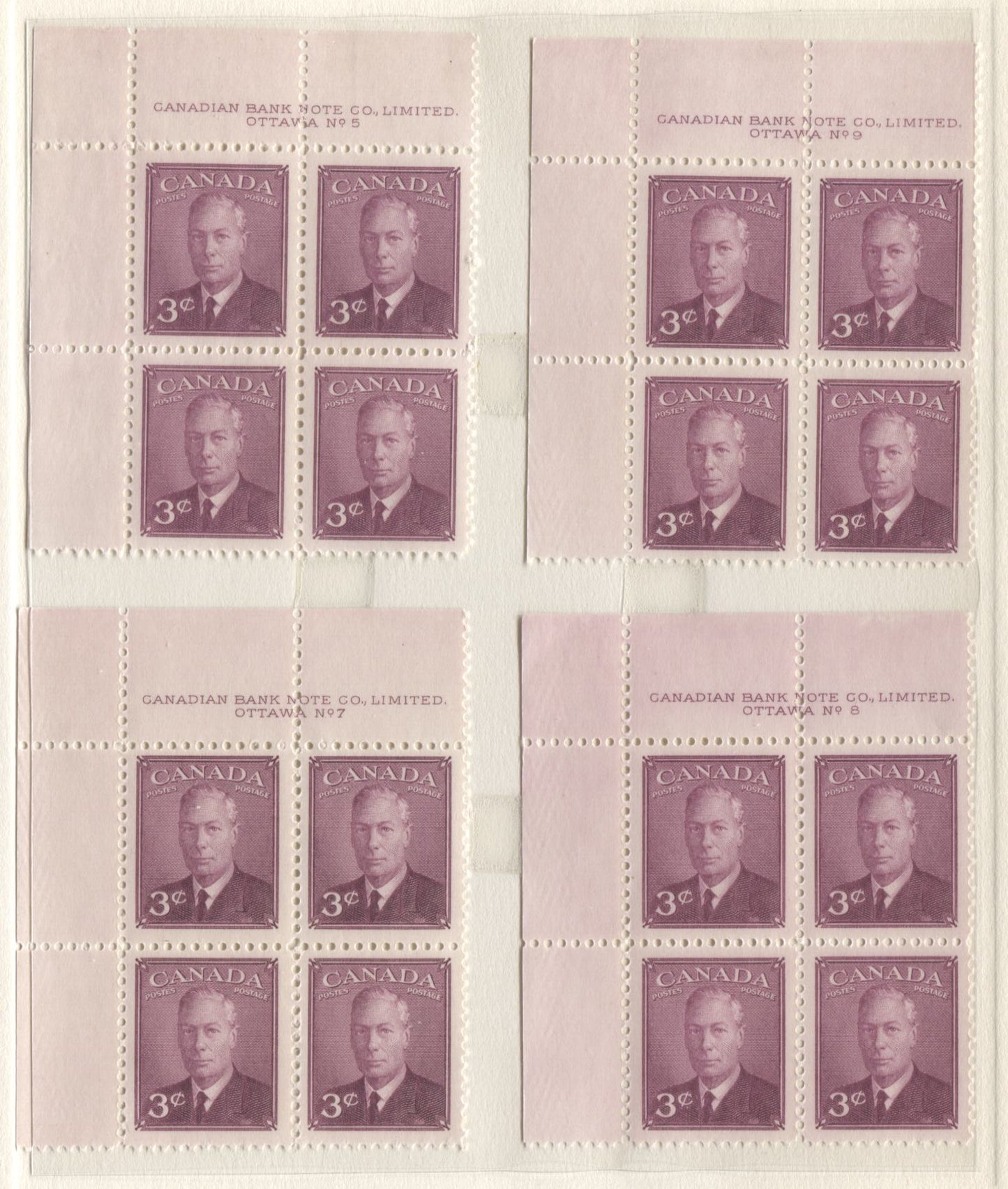 Lot 7 Canada #286 3c Rose Violet King George VI, 1949 Postes-Postage Issue, 4 VFNH UL Plates 5, 7-9 Blocks Of 4