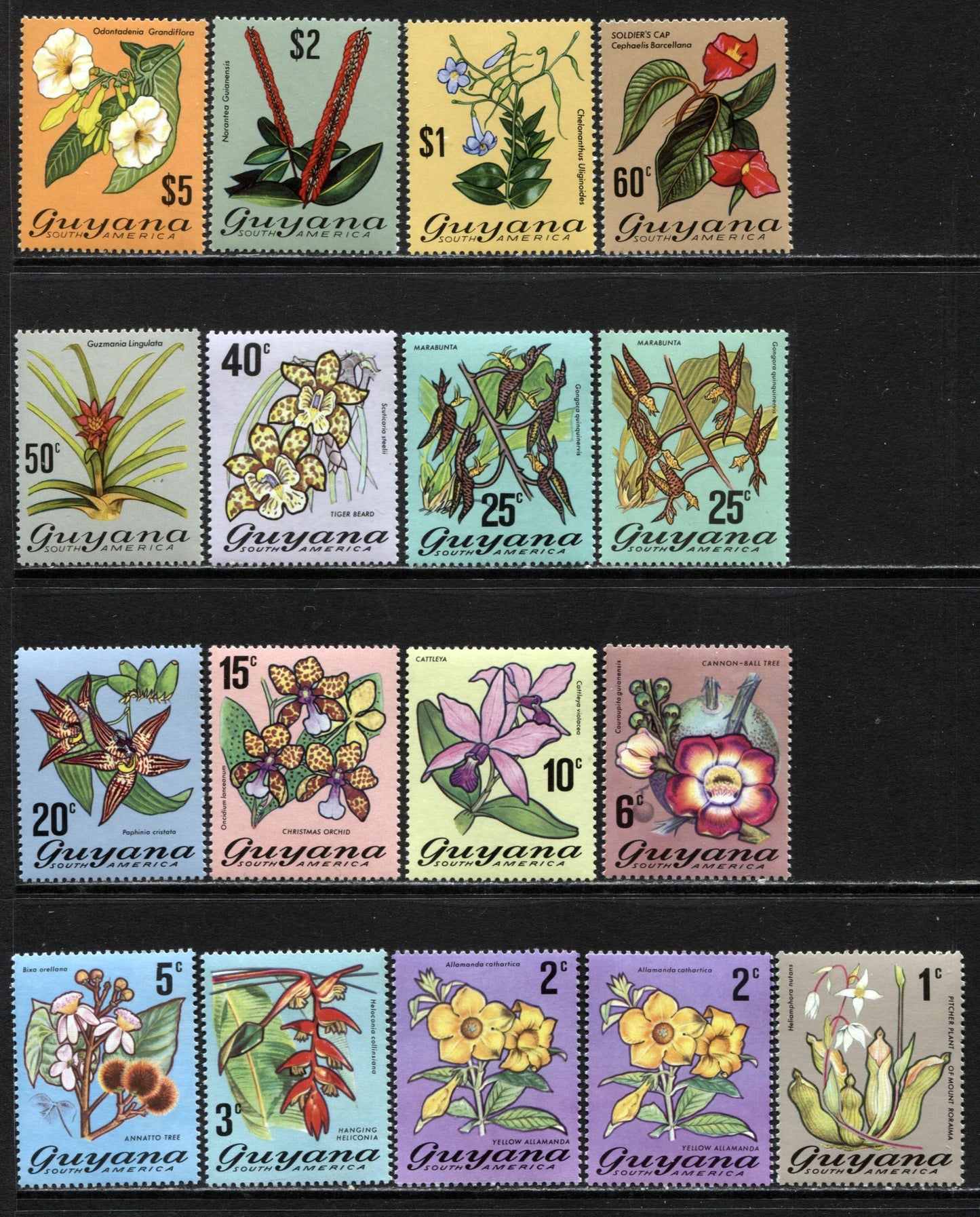 Lot 7 Guyana SC#133-147 1971-1976 Floral Definitives, A VFNH Range Of Singles, 2017 Scott Cat. $20.7 USD, Click on Listing to See ALL Pictures