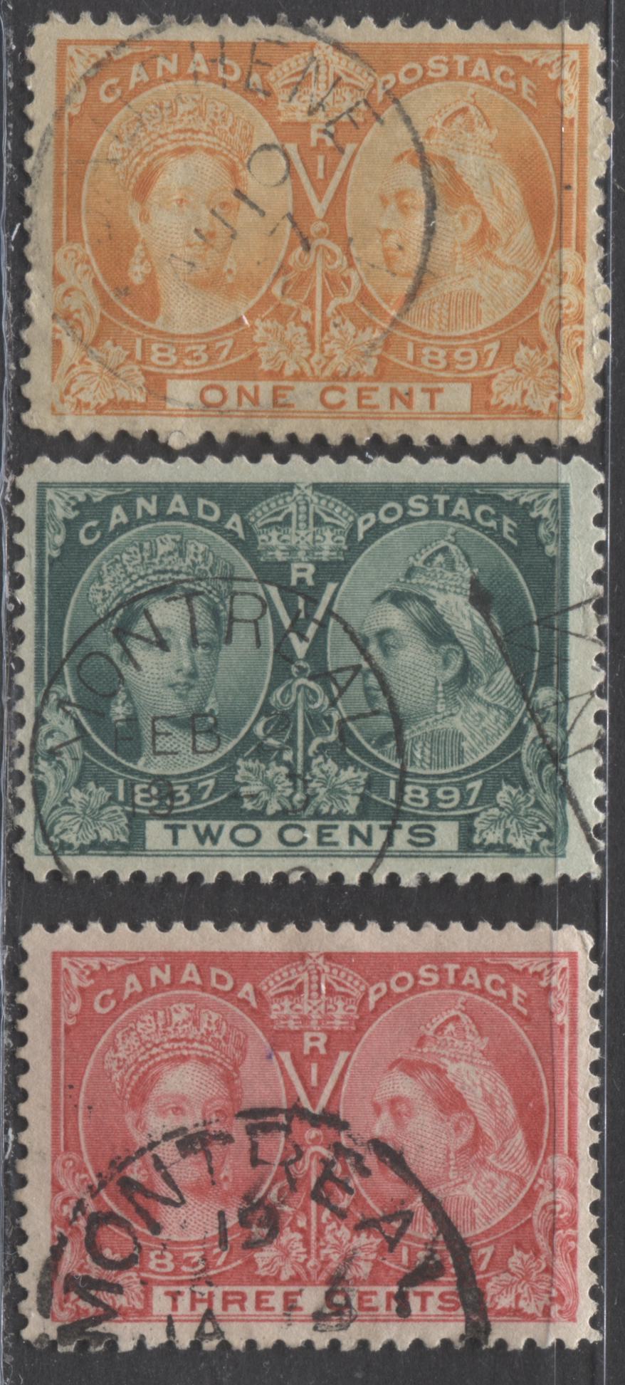 Lot 71 Canada #51, 52i, 53 1c-3c Orange, Deep Green & Bright Rose Queen Victoria, 1897 Diamond Jubilee Issue, Three Fine & VF Used Examples