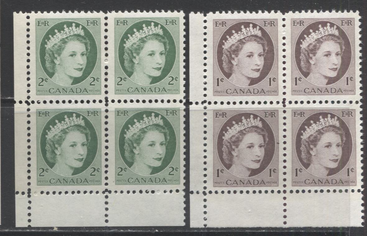 Lot 71 Canada #337p-338p 1c & 2c Violet Brown & Green Queen Elizabeth II, 1954 Wilding Issue, 2 VFNH LL Winnipeg Tagged Corner Blocks Of 4