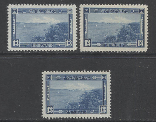 Lot 71 Canada #242 13c Deep Blue Halifax Harbour, 1938 Pictorial Issue, 3 VFOG Singles, Different Shades, Papers & Gums