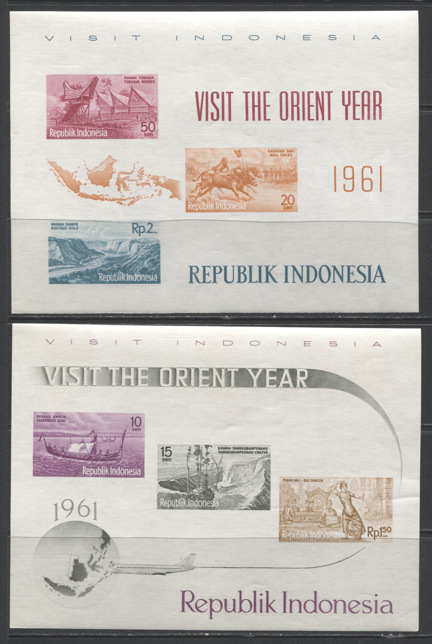 Lot 72 Indonesia SC#507-516 1961 Tourism Issue, A FNH Range Of Imperf Sheets, 2017 Scott Cat. $24 USD, Click on Listing to See ALL Pictures