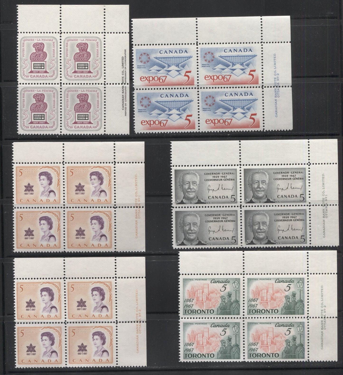 Lot 72 Canada #469-475 5c Blue And Red - Slate Green & Salmon Pink Katimavik - View Of Modern Toronto, 1967 Commemoratives, 11 VFNH UR Plate 1-2 Blocks Of 4 On Dull and DF-fl, Fluorescent Papers